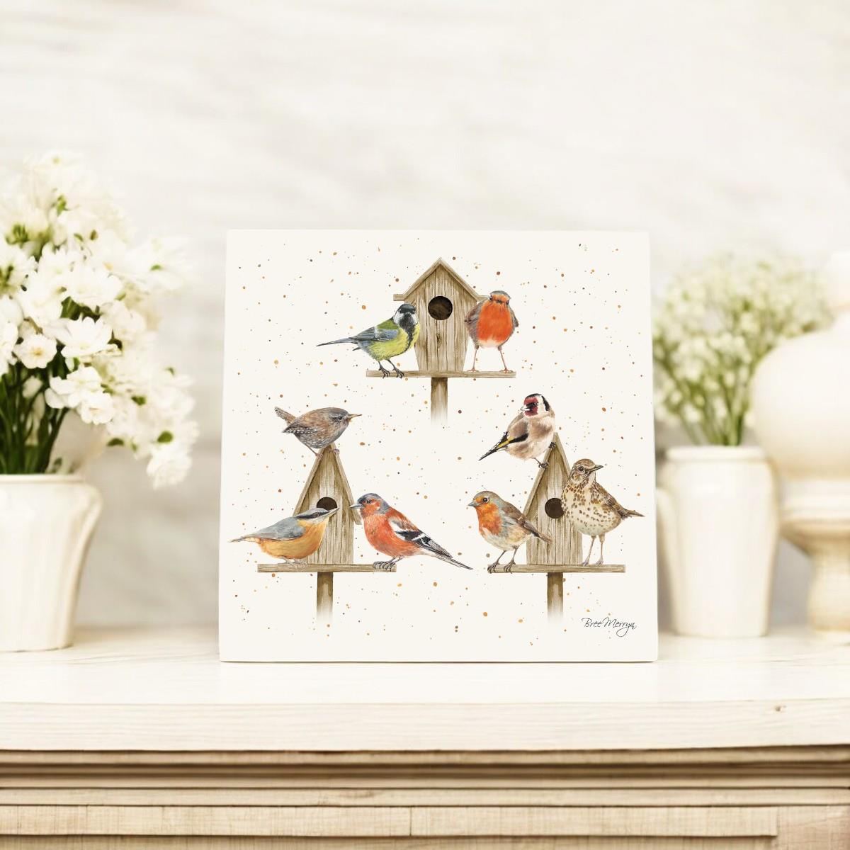 House Party Birds Ceramic Art Tile by Bree Merryn - 20x20 cm Wall Hanging - Decorative Birdhouse Tile - Boxed Gift"