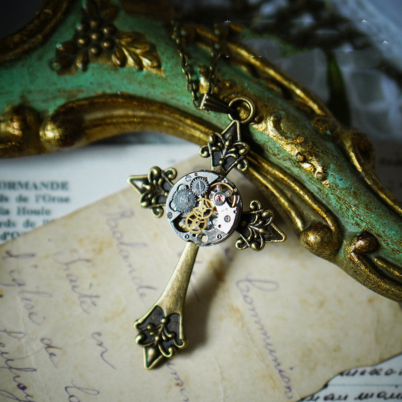 Vintage Steampunk Gear Cross Pendant Necklace