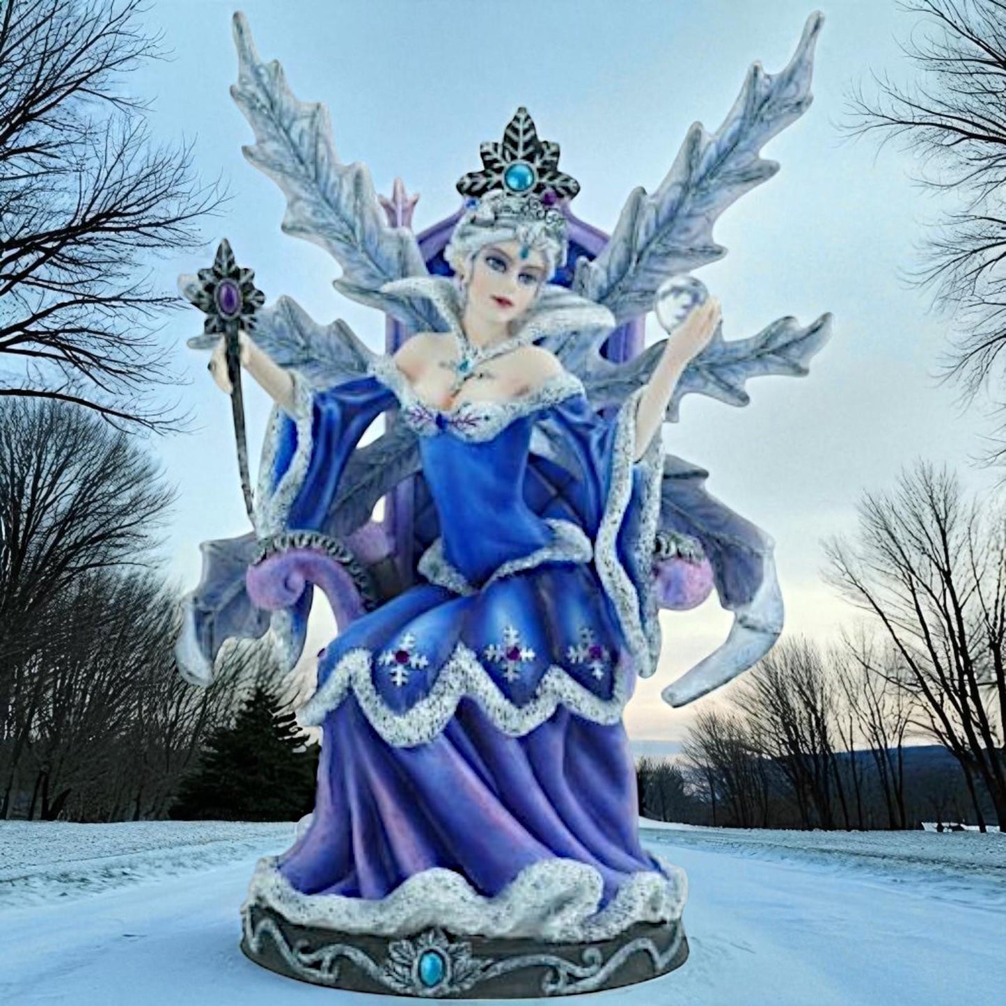 Gothic Snow Queen Resin Figurine Blue Ice Fairy Statue Mystical Winter Sculpture 27.5cm