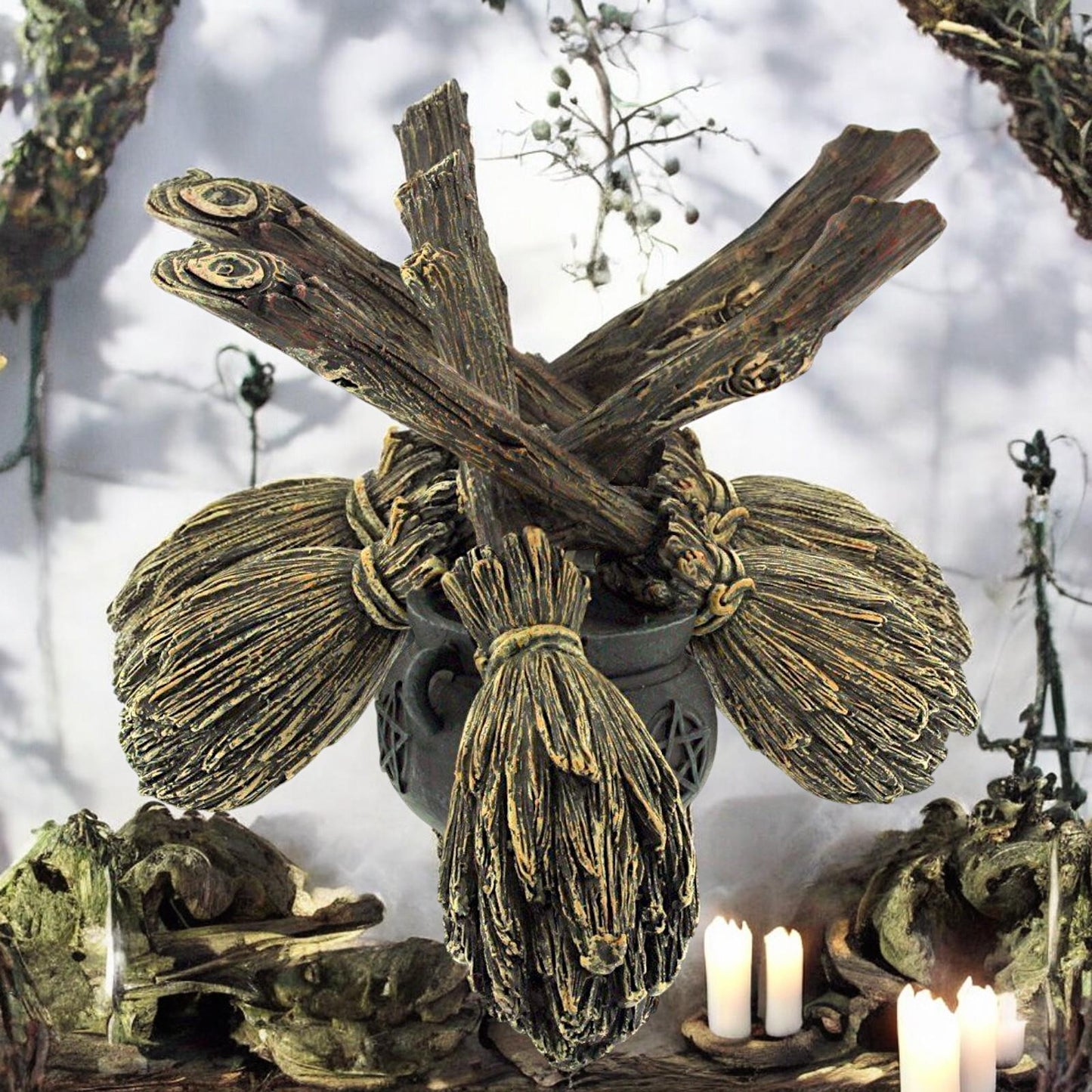 Broomstick Crystal Ball Holder Wiccan Altar Pagan Decor Witchcraft Ornament