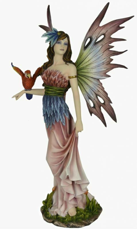 Large Resin Fairy Statue Figurine Ornament Sculpture – Fantasy Gothic Winged Lady with Parrot 54cm