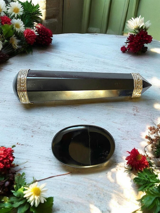 Mystical Black Agate Crystal Set - Wand & Palm Stone | Spiritual Healing Energy Tool