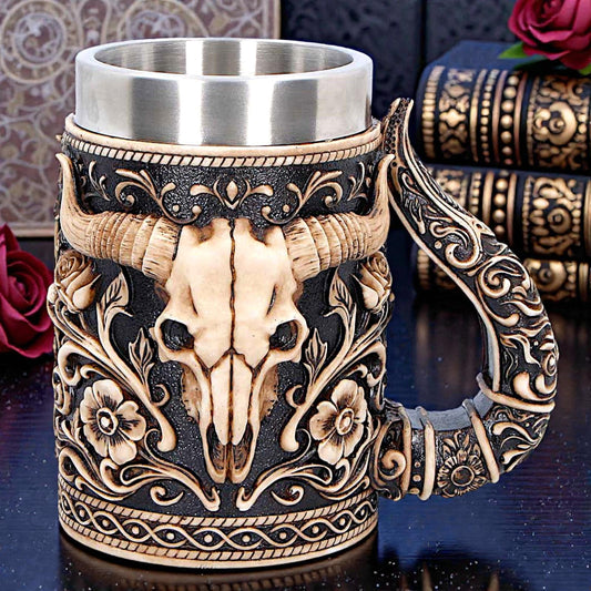 Bull Skull Tankard Western Cowboy Mug Gothic Barware Collectible Drinkware