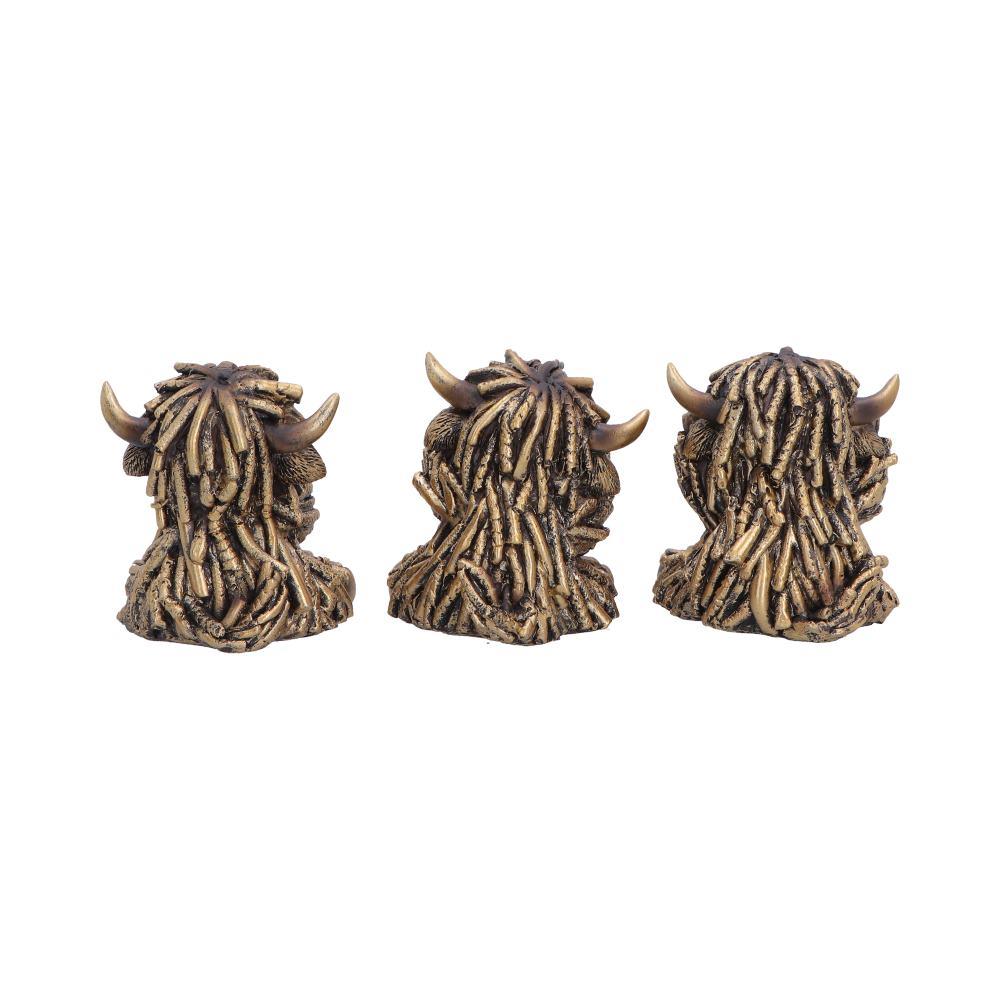 Three Wise Highland Cow Figurines Gold Farm Animal See Hear Speak Set
