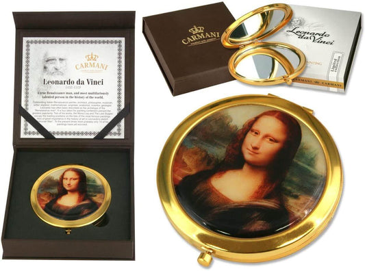 Leonardo Da Vinci Mona Lisa Compact Mirror – Luxurious Golden Compact with Famous Artwork, Perfect Gift in Elegant Box