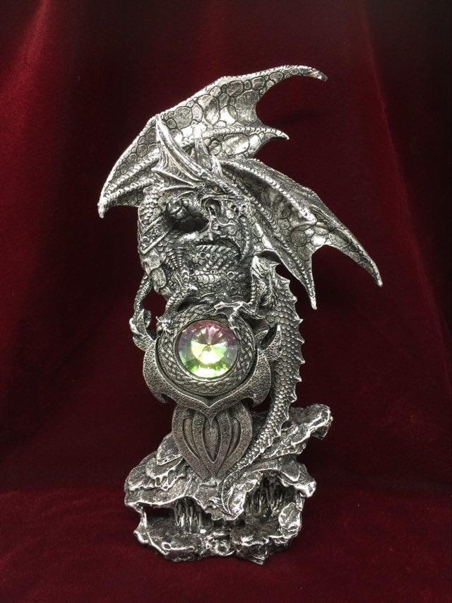 Majestic Dragon Jewel Guardian Statue, Silver Resin Sculpture, Handcrafted Fantasy Art Figurine, Mythical Beast Ornament Magical Realm Decor