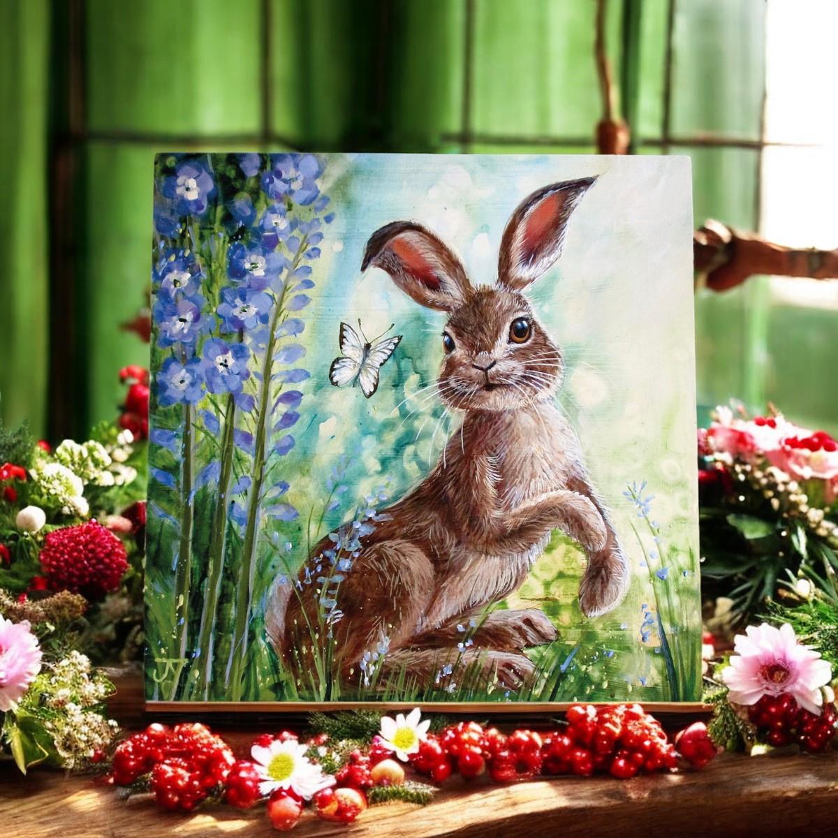 Delphinium Hare Ceramic Art Tile by Judith Yates 20x20 cm - Ready to Hang - Boxed Gift - Beautiful Hand-Painted Hare Design