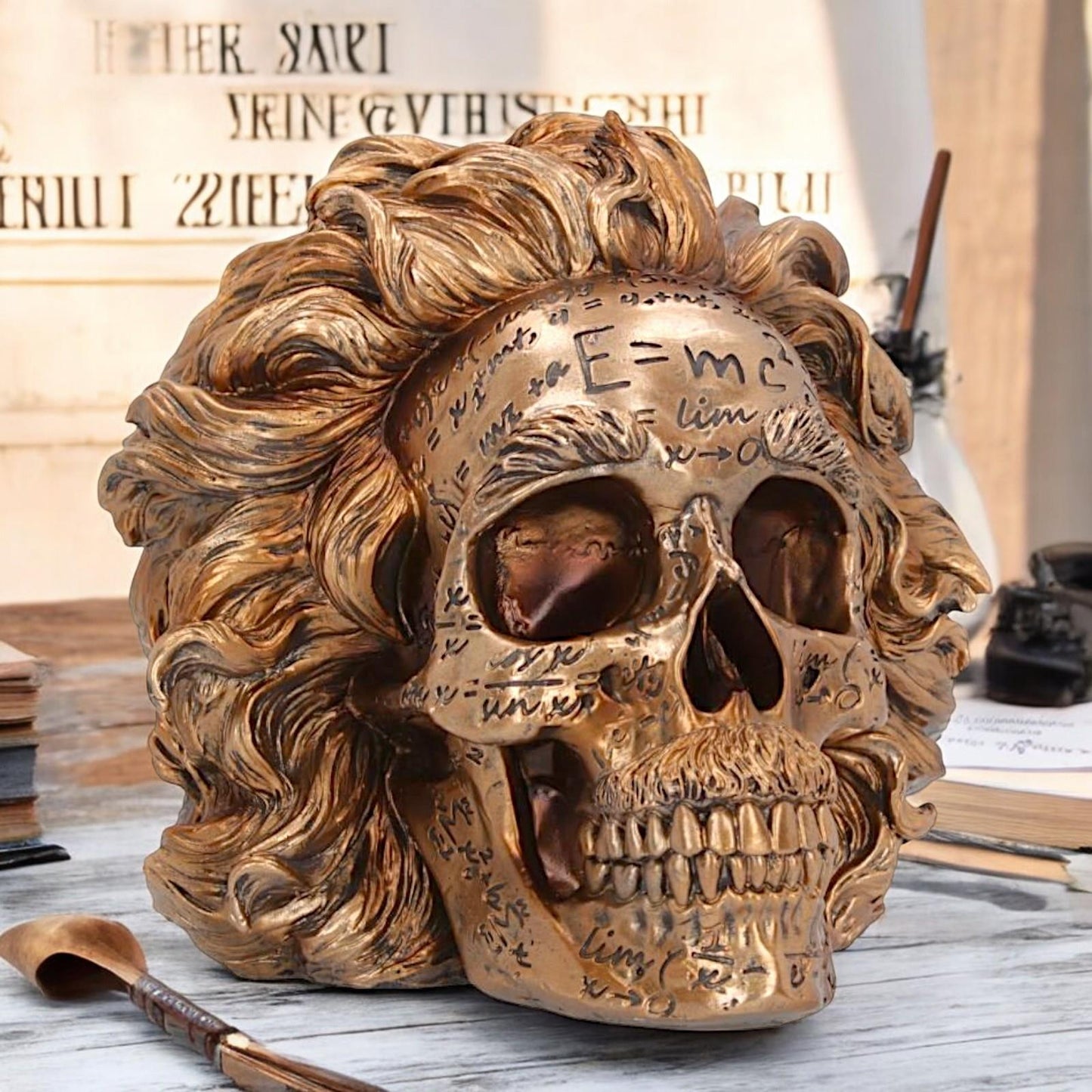 Einstein Skull Sculpture - Theory of Relativity Inspired Figurine, Mathematical Home  Decor