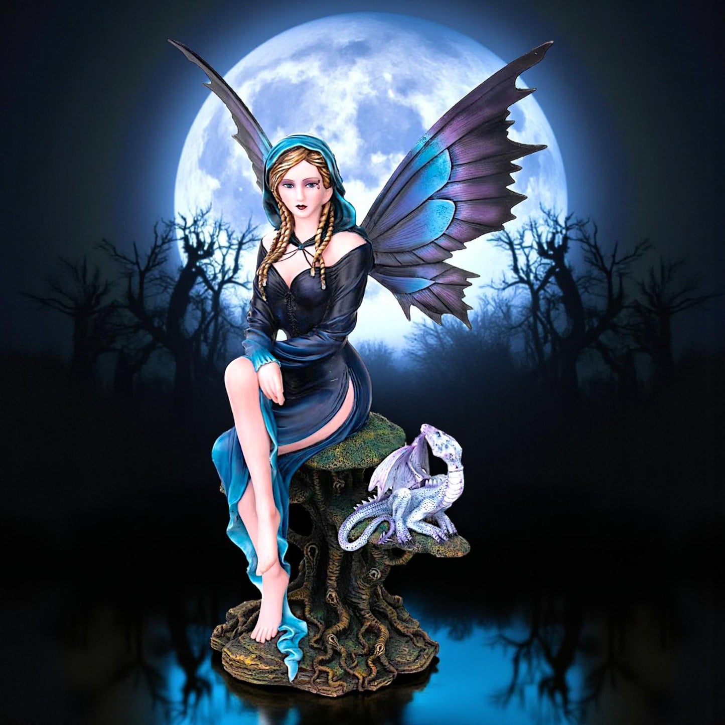Fantasy Fairy Companion with Dragon Figurine Magical Mythical Gothic Sculpture