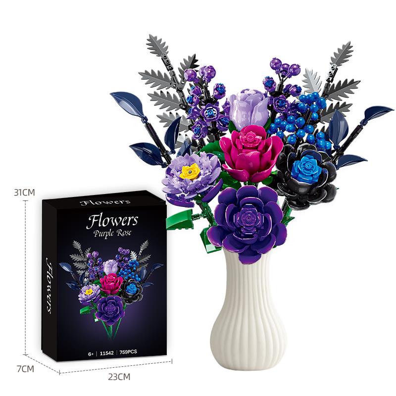 3D Purple Rose Flower Bouquet Building Blocks 759pc Botanical Construction Set
