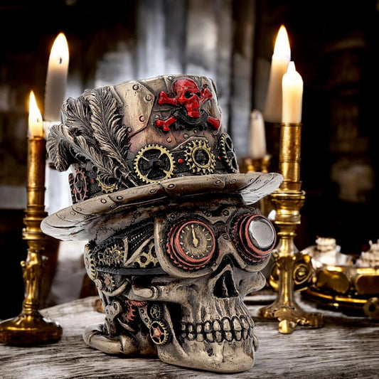 Steampunk Skull Figurine – Clockwork Cogs and Gears Design with Bronze Finish