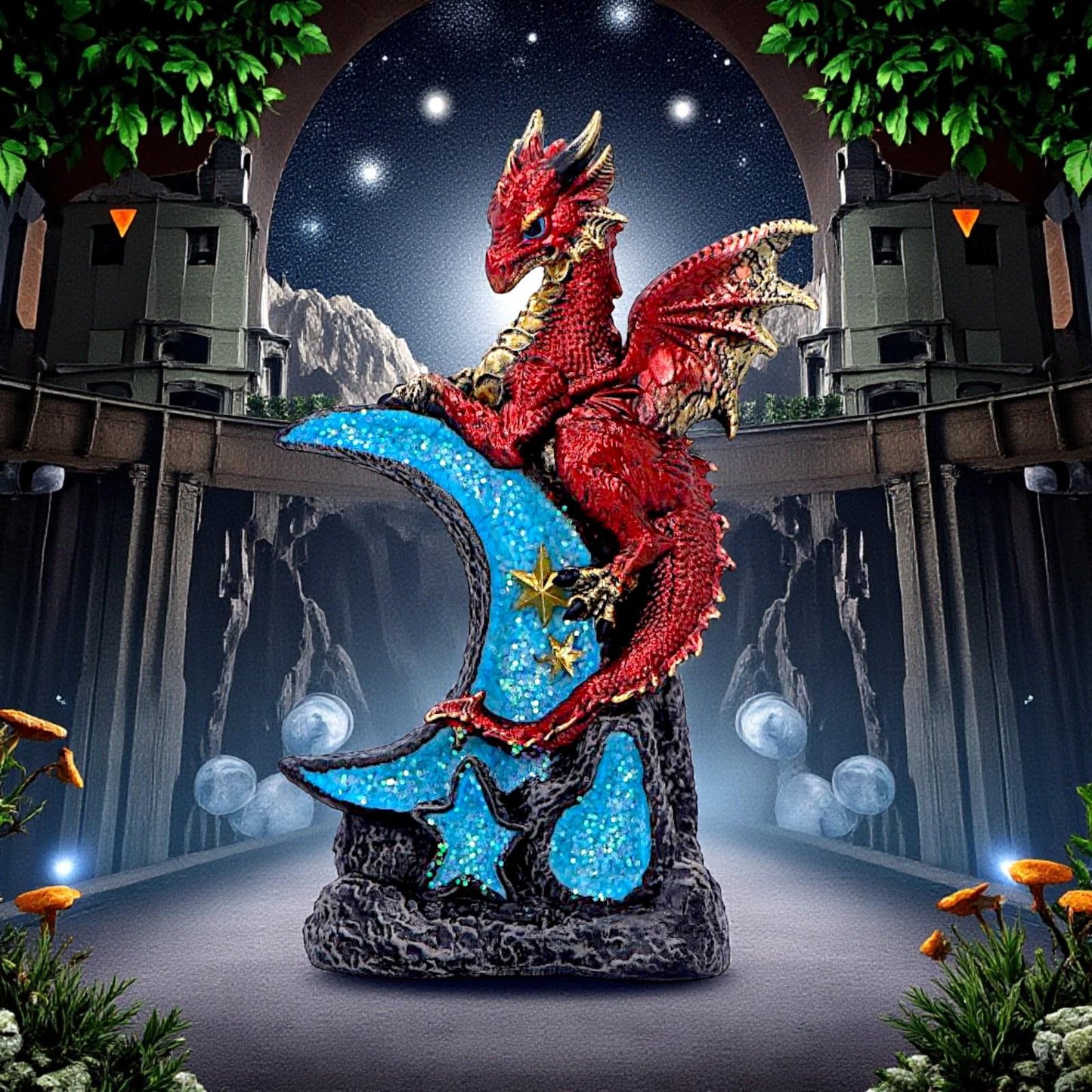 Crescent Moon Dragon Statue Fantasy Figurine Gothic Mythical Creature Art Decor