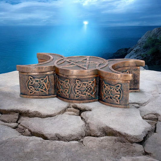 Celtic Triple Moon Treasure Box - Hand-Painted Bronze Finish 18.5cm