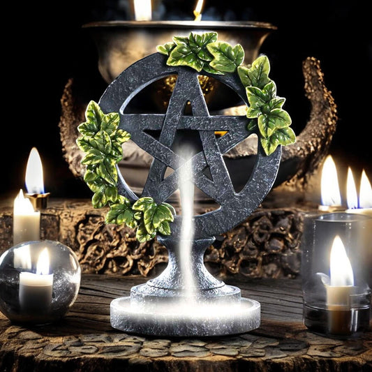 Aged Wiccan Ivy Pentagram Backflow Incense Burner 19cm | Hand-Painted Resin Decor