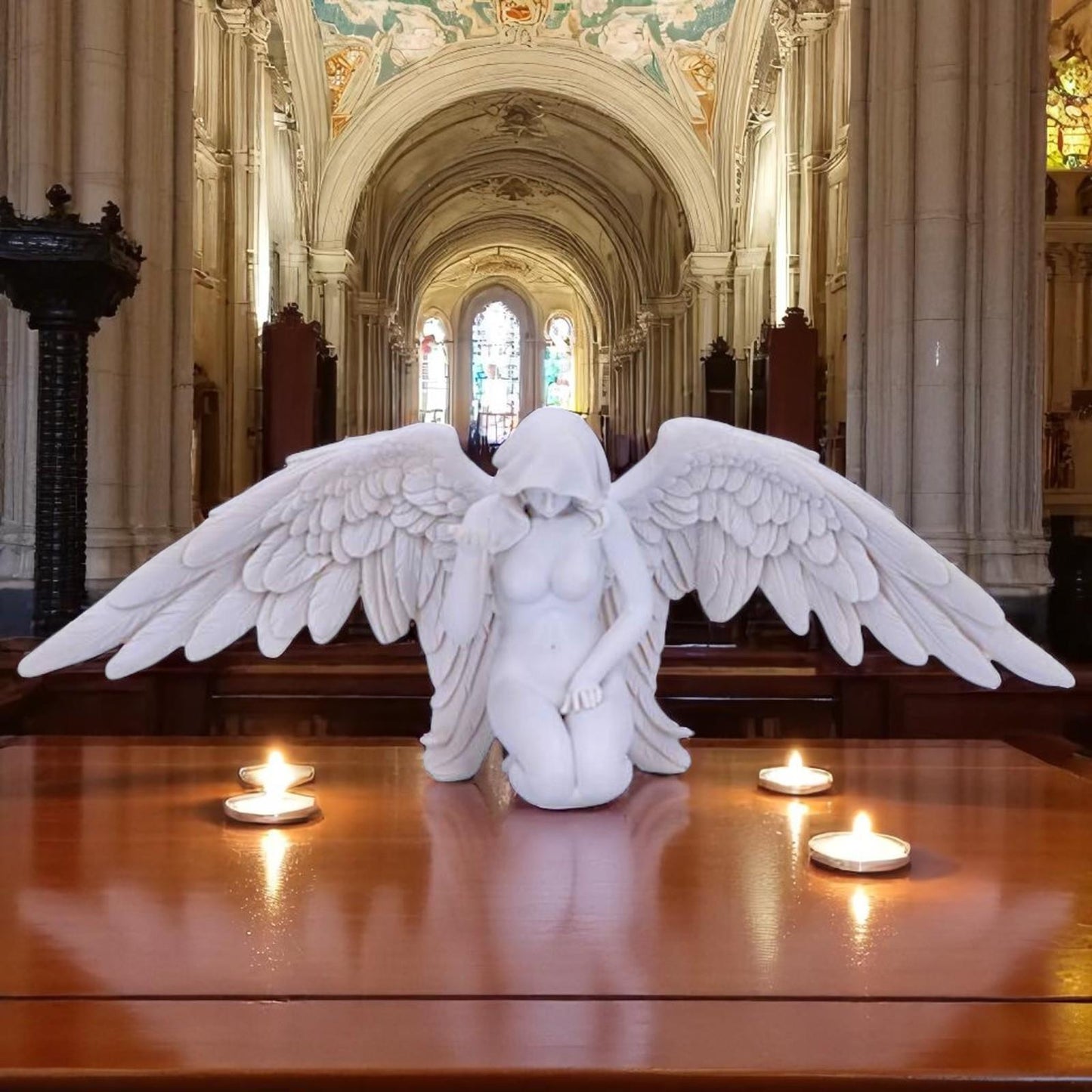 Elegant Kneeling Caped Fallen Gothic Angel Spiritual Fantasy Figurine Peace Decor