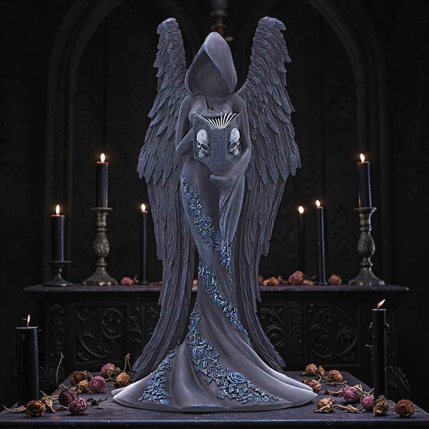 Femme Fatale Scholar Angel Statue Gothic Hooded Winged Book Skull Fantasy