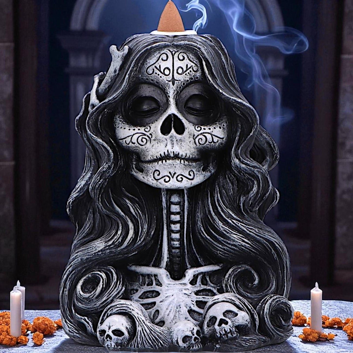 Gothic Skull Backflow Incense Burner Day of the Dead Cone Holder Halloween