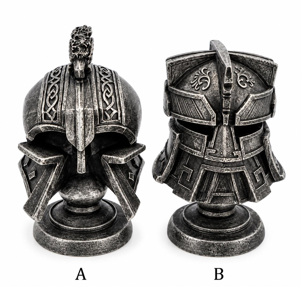 Set of 2 Medieval Knight Helmet Sculptures Silver Effect Gothic Ornaments 12.3cm