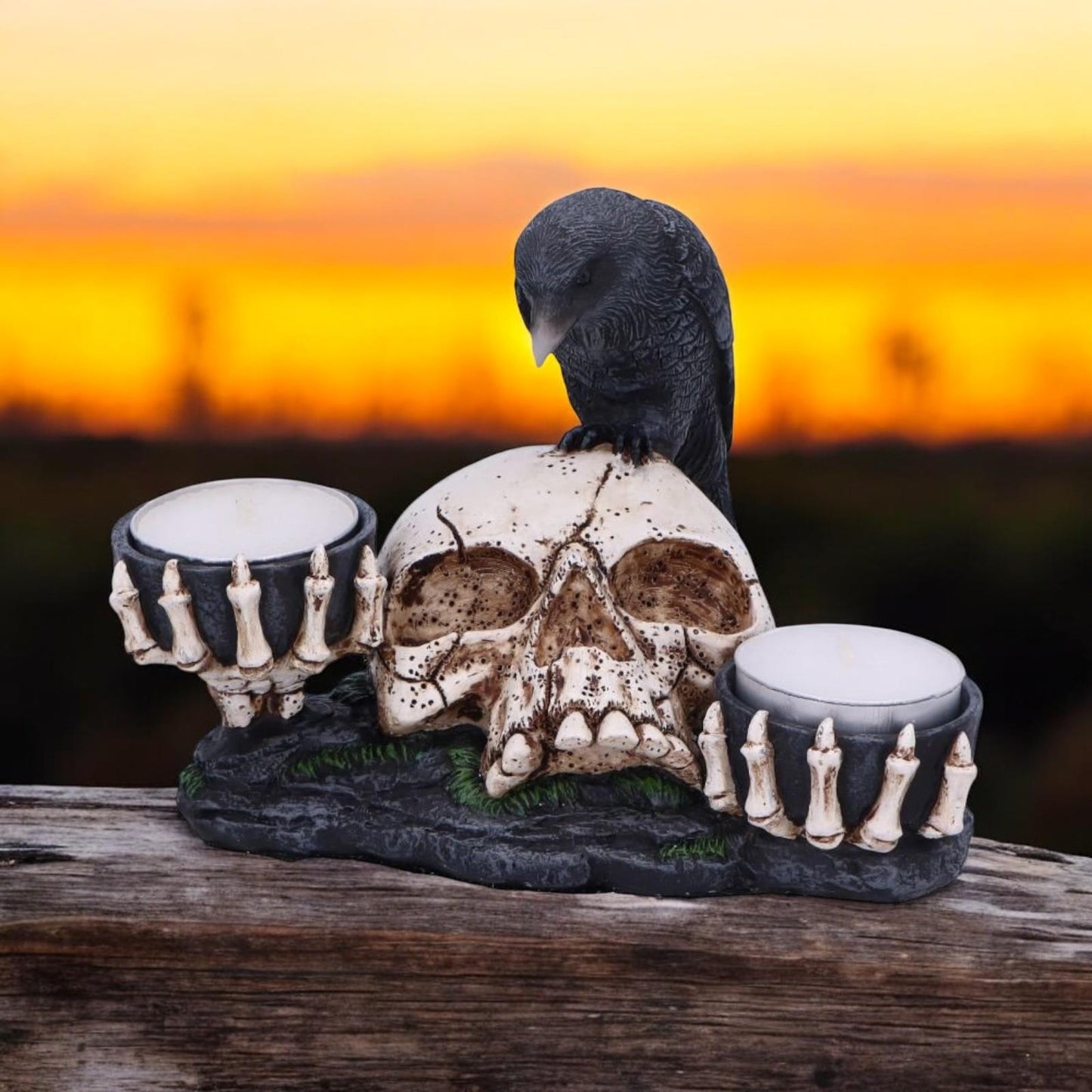 Skull and Raven Candle Holder Gothic Resin Figurine Dark Fantasy Decor 15cm