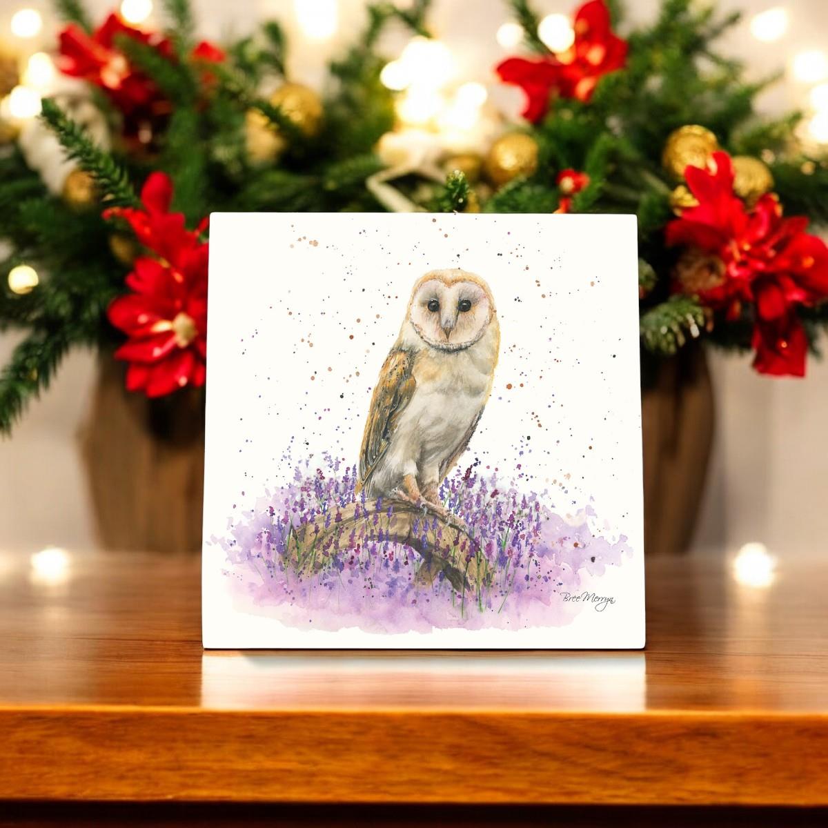 OLIVIA Owl Ceramic Art Tile by Bree Merryn – 20x20 cm Ready to Hang – Nature-Inspired Decor with Lavender Theme