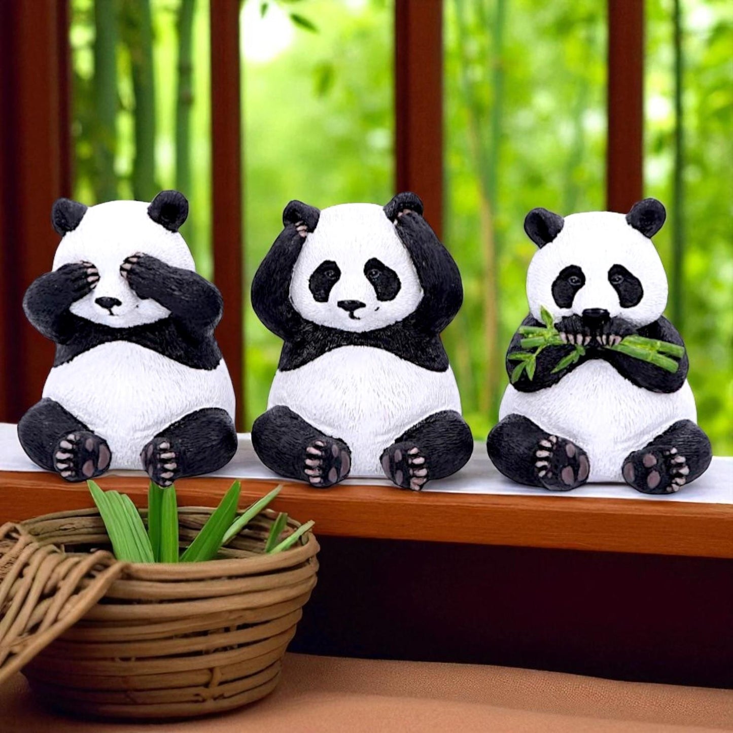 3 Wise Panda Figurines Animal Sculptures See No Hear No Speak No Evil Ornament