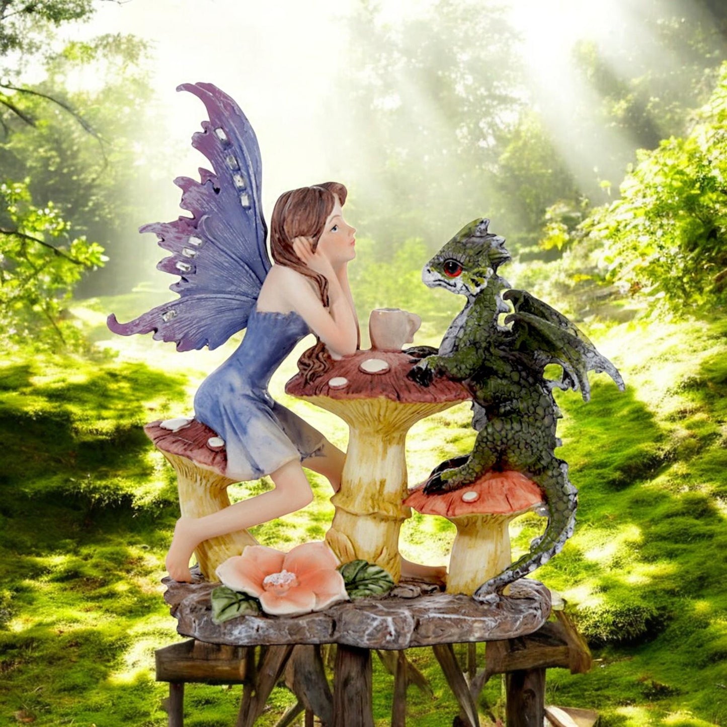 Enchanting Fairy with Dragon Companion Figurine - Fantasy Toadstool Ornament