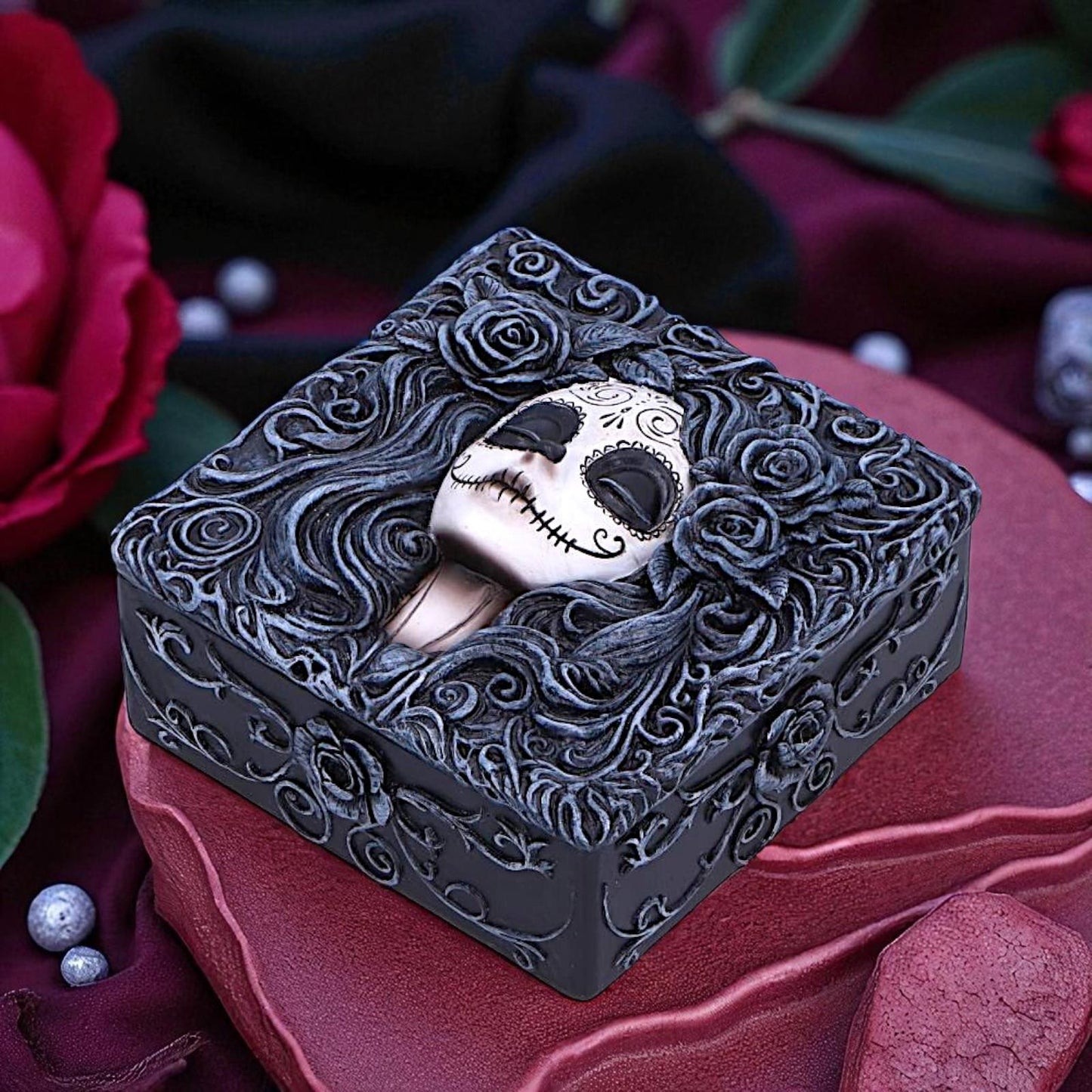 Gothic Day of the Dead Trinket Box Sugar Skull Storage Box  Flor de Muerte Altar