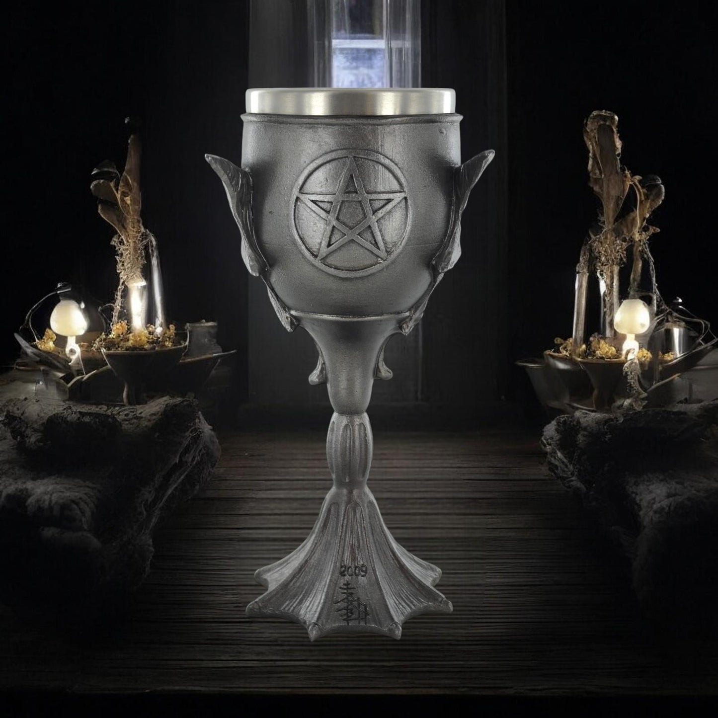 Gothic Bat Chalice Goblet with Pentagram, Designed by Tina Tarrant - Resin & Stainless Steel 20cm