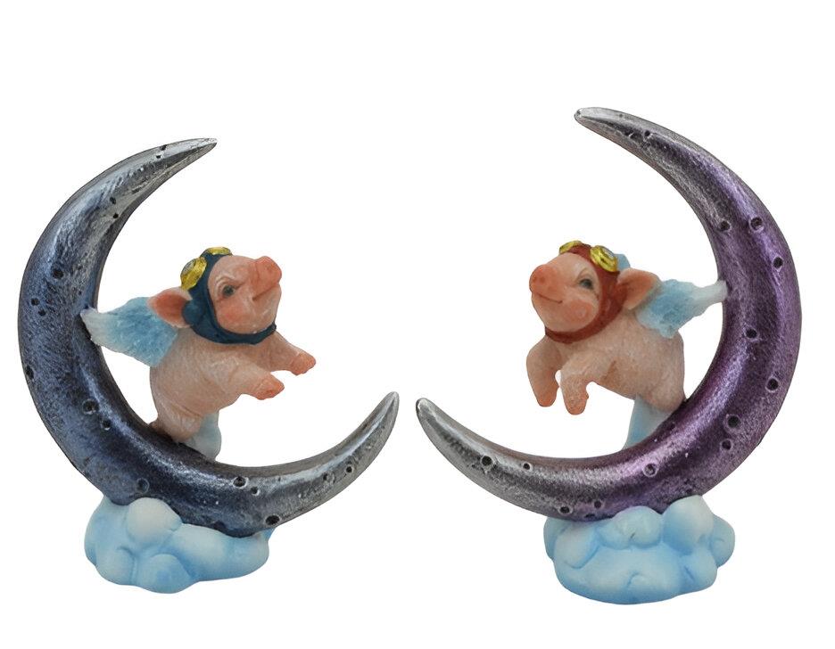 Whimsical Flying Pigs on Moon Figurine Pair Cute Fantasy Ornaments Home Deco