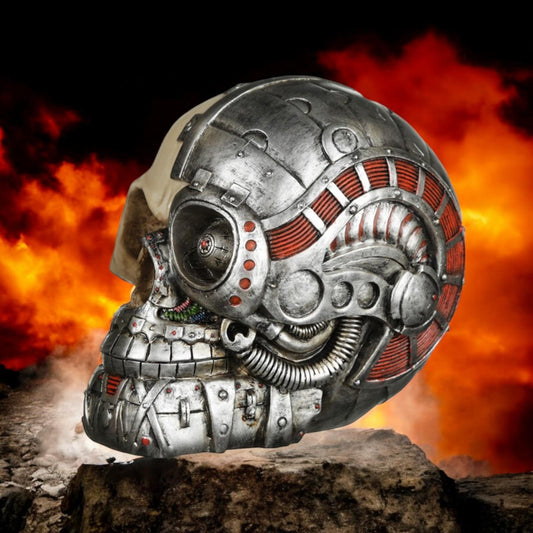 Cybernetic Steampunk Skull Statue | Cyborg Collectible | Sci-Fi Fantasy Home Decor