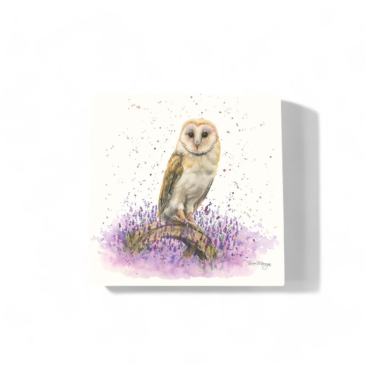 OLIVIA Owl Ceramic Art Tile by Bree Merryn – 20x20 cm Ready to Hang – Nature-Inspired Decor with Lavender Theme