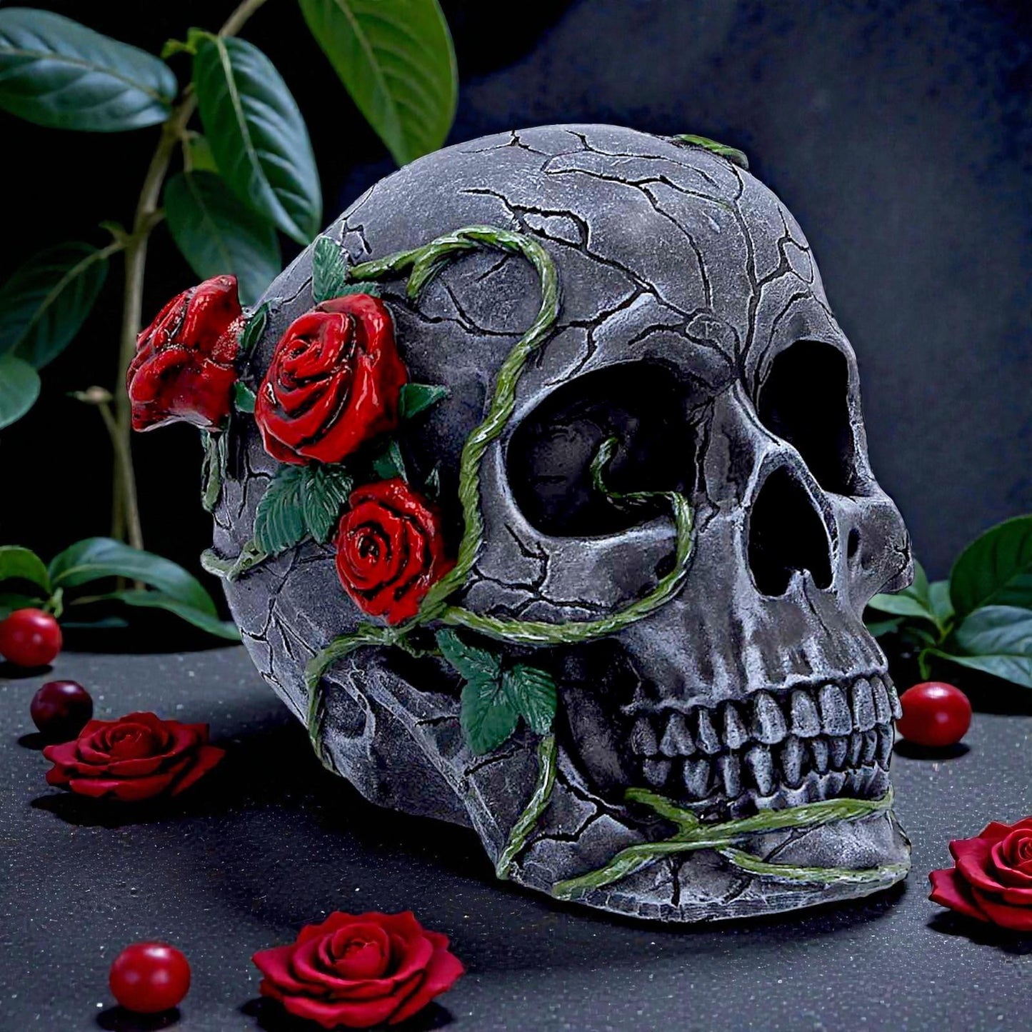 Gothic Skull with Roses Figurine Floral Vine Dark Fantasy Ornament Sculpture Art