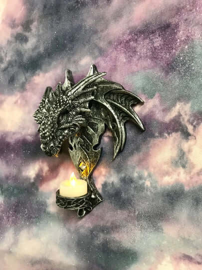 Novelty Gothic Dragon Head Candle Holder with LED Light Candle Wall Plaque Fantasy Art