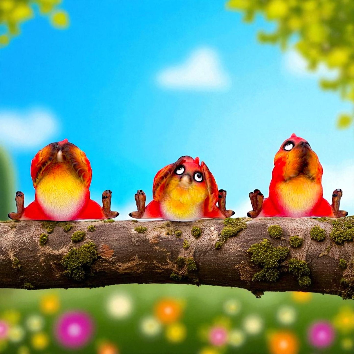 Three Wise Comical Birds Figurines See Hear Speak No Evil Wisdom Ornaments