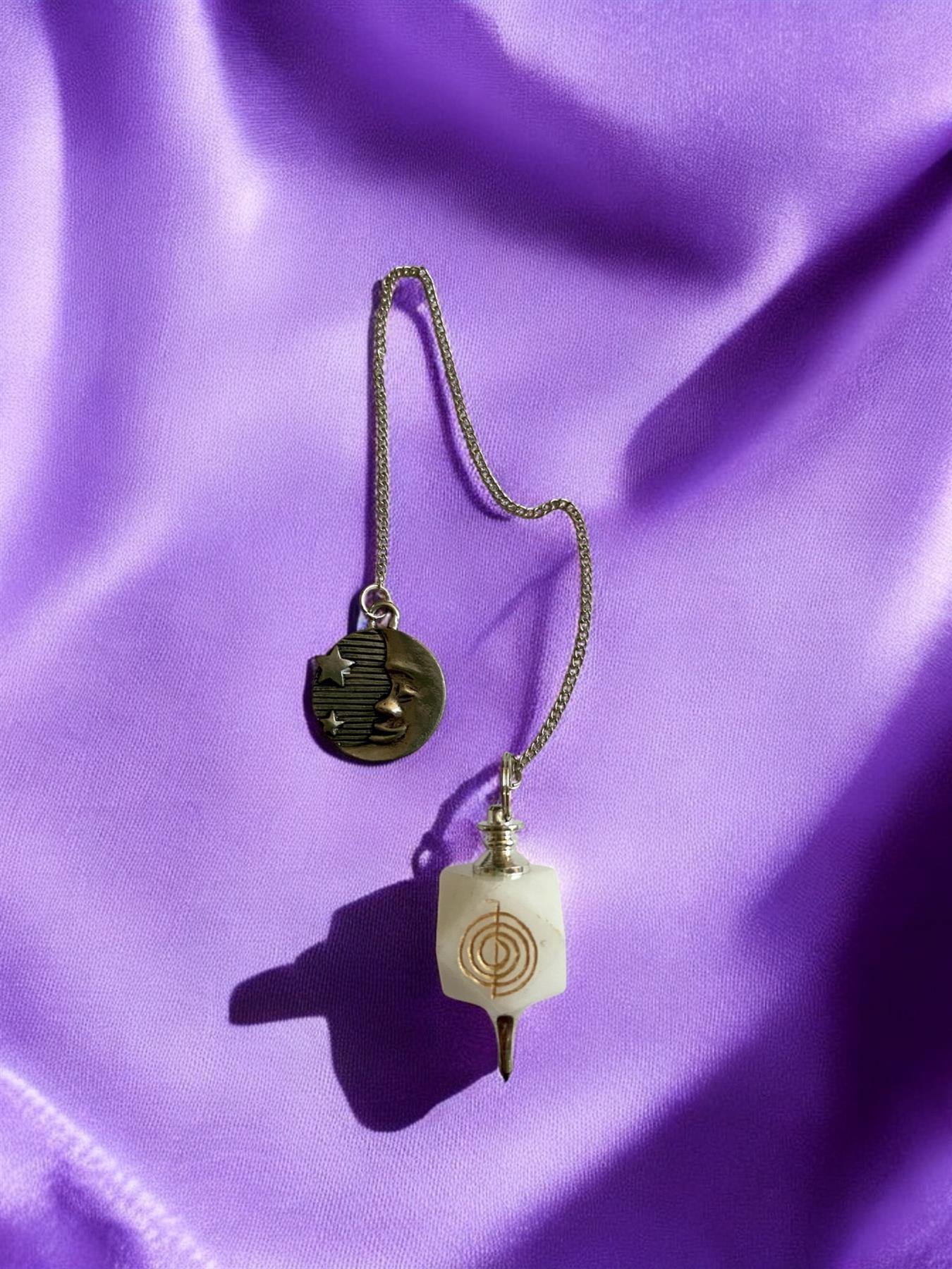 White Agate Reiki Pendulum with Cho Ku Rei Symbol & Moon Charm | Dowsing Divination Tool