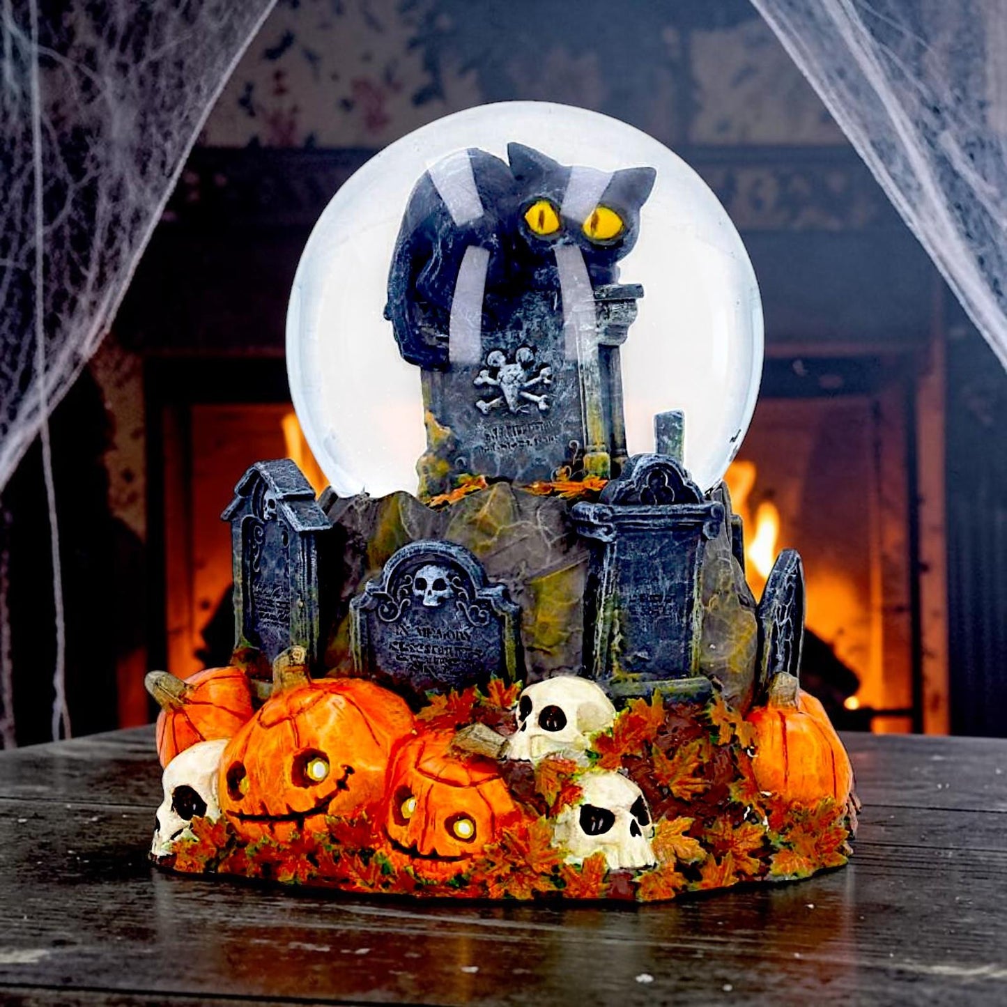 Halloween Black Cat Snow Globe Pumpkin Graveyard Skull Gothic Ornament
