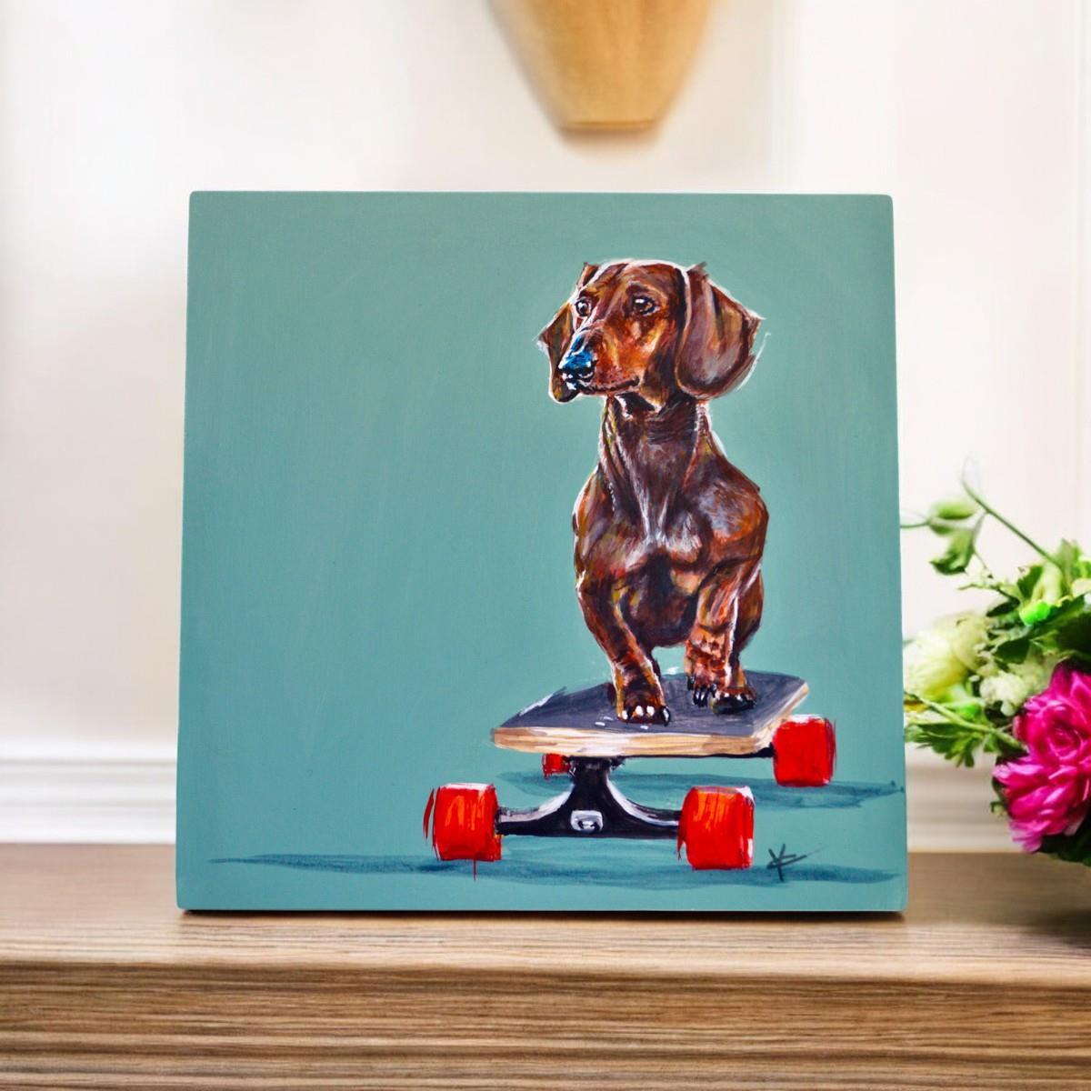 Unique Sausage Roller Ceramic Art Tile by Victoria Coleman Dachshund Art in Gift Box-Osiris Craftworks