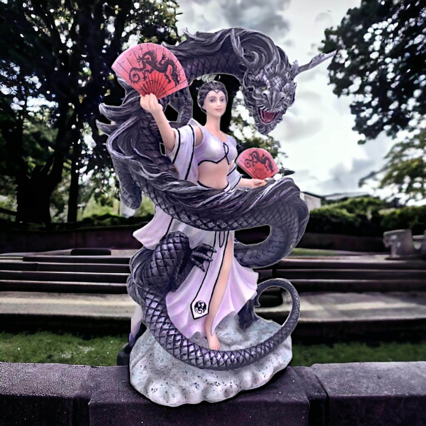 Anne Stokes Collection | Oriental Dragon Mistress Figurine | Asian-Inspired Mythical Fantasy Sculpture | Elegant Geisha with Black Dragon