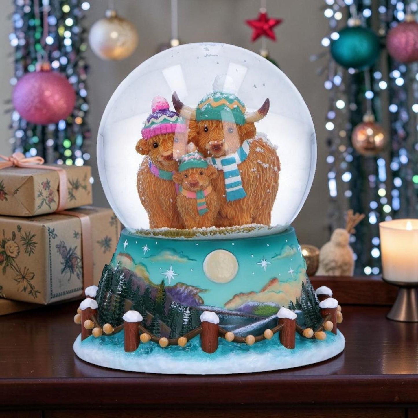 Highland Cow Snow Globe Christmas Winter Scottish Cattle Family Ornament