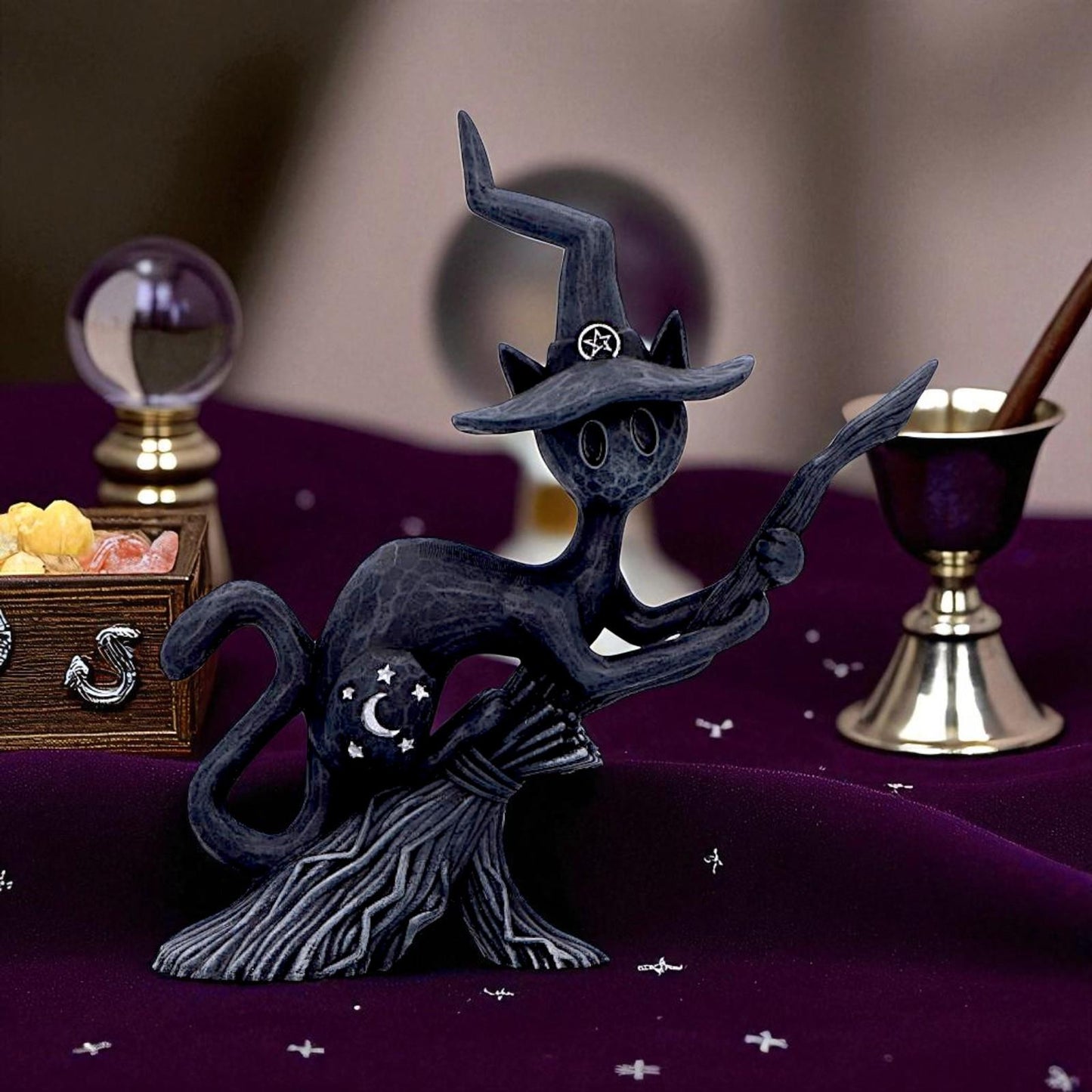 Bewitch Spell Cat Figurine Flying Wiccan kitty Broomstick Fantasy Halloween Altar