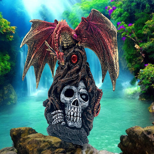 Gothic Ruby Dragon Statue with Skull and LED - Multi-Color Light Fantasy Ornament