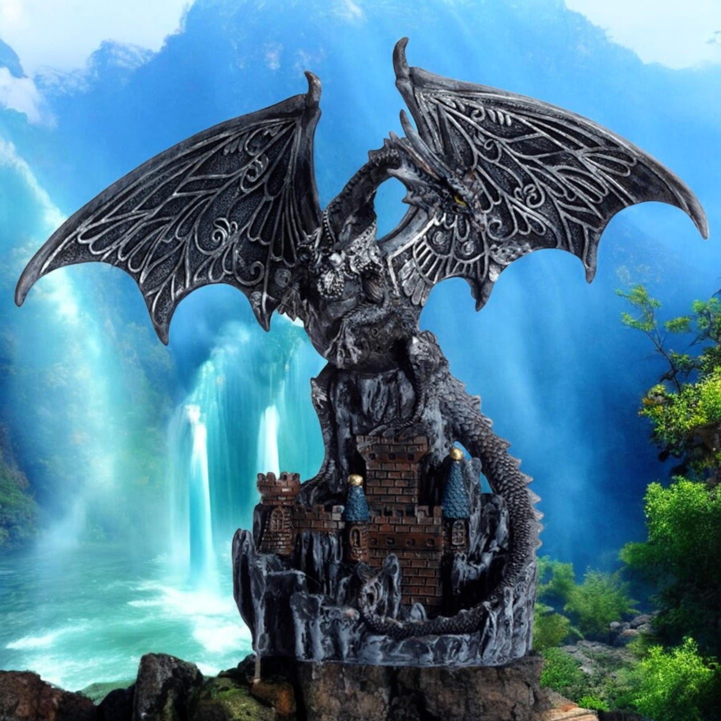 Castle Protector Dragon Statue - Magic Silver Fantasy Ornament Decor