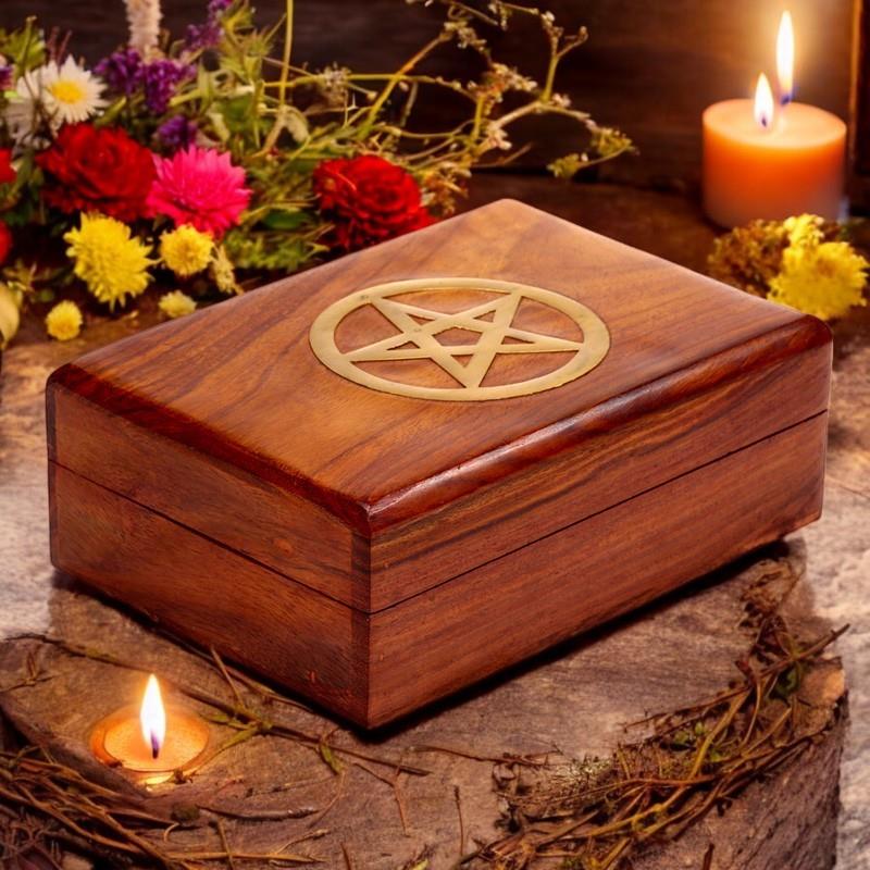 Sheesham Wood Pentagram Jewellery Box Pagan Witchcraft Altar Storage Chest 17.5cm