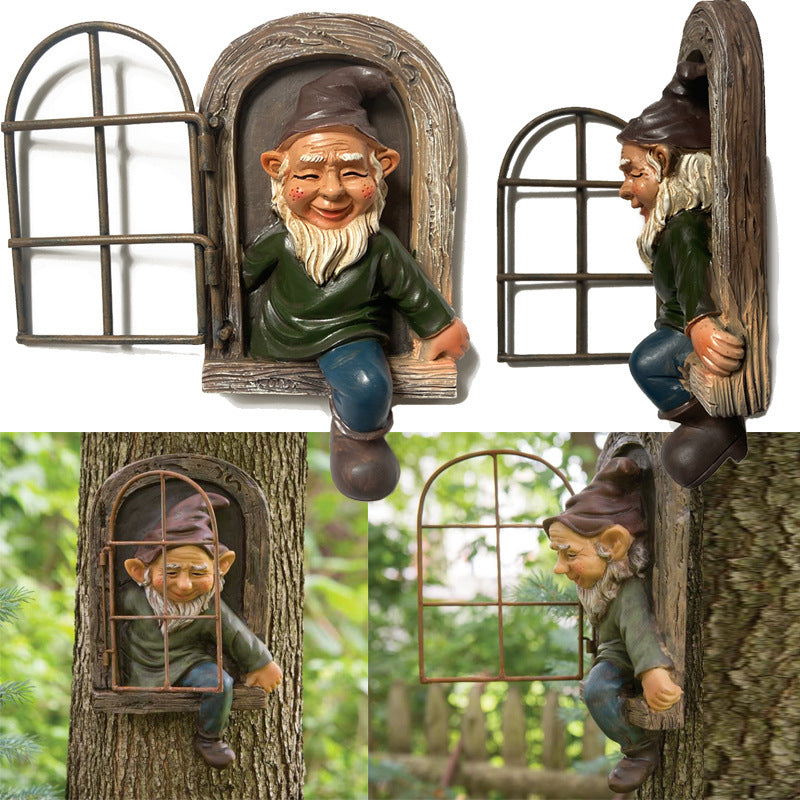 Tree Peeking Gnome Window Decor - Whimsical Garden Statue, Hand-Painted Resin Gnome Figurine, Fun Outdoor Decoration for Trees or Fences