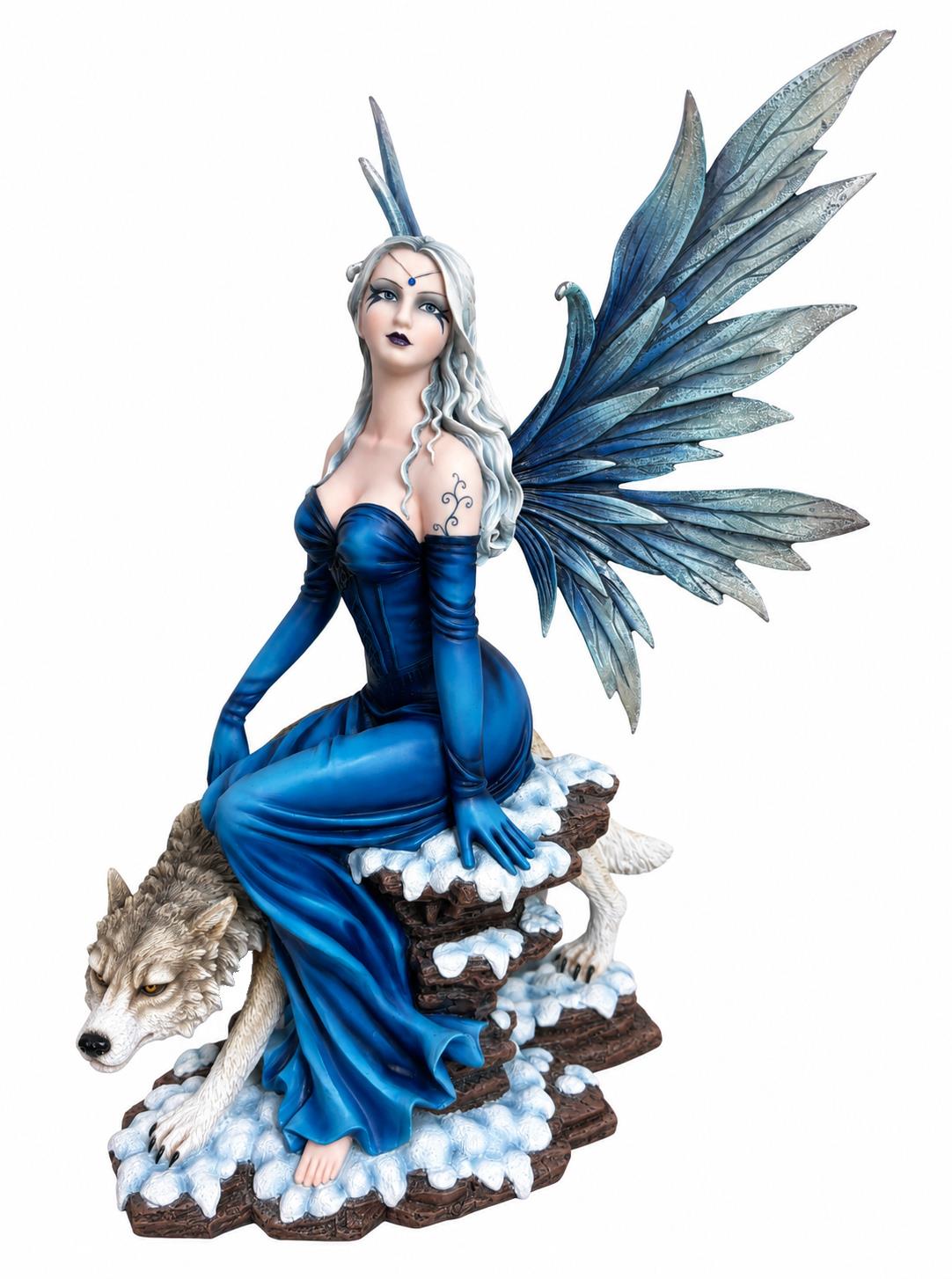 Midnight Blue Gothic Fairy Wolf Statue 50cm Fantasy Figurine Ornament Decor