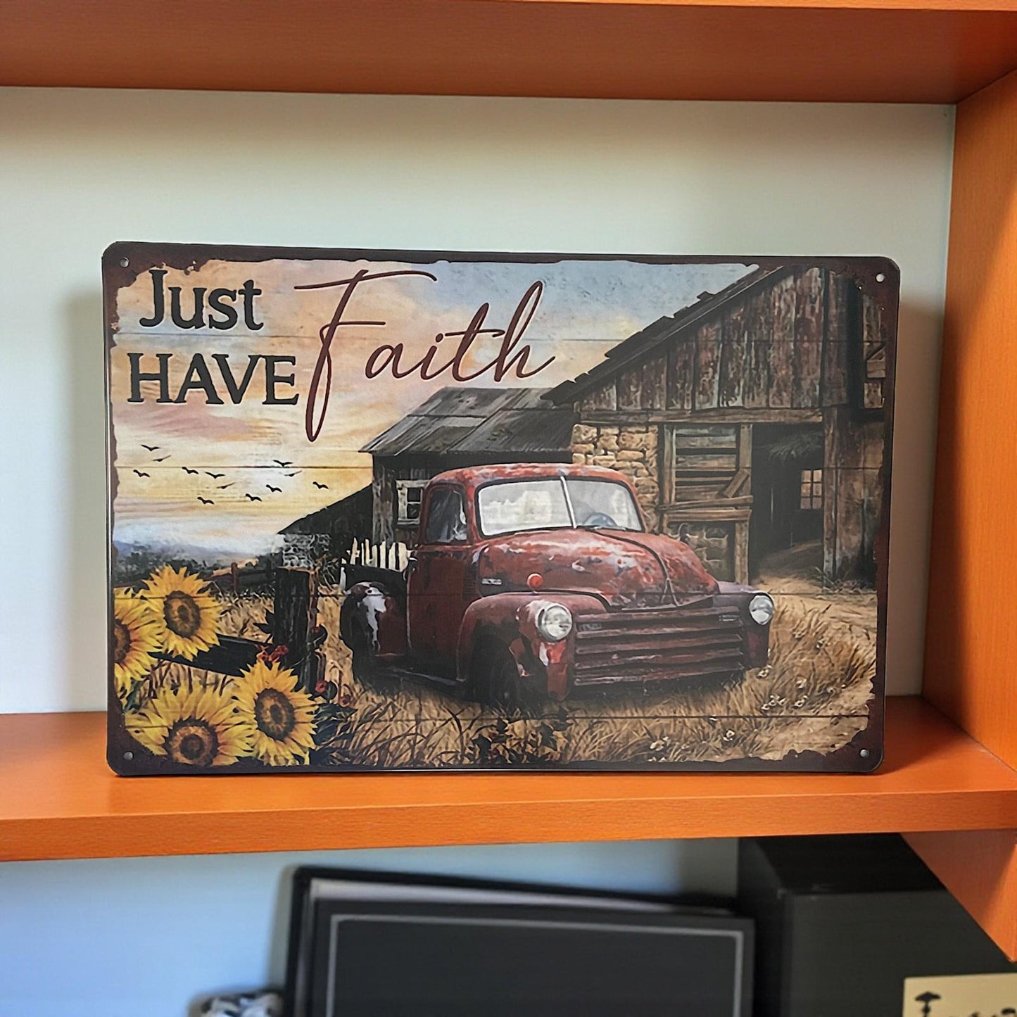 Rustic Farmhouse Metal Sign Sunflowers Red Truck Just Have Faith Wall Plaque