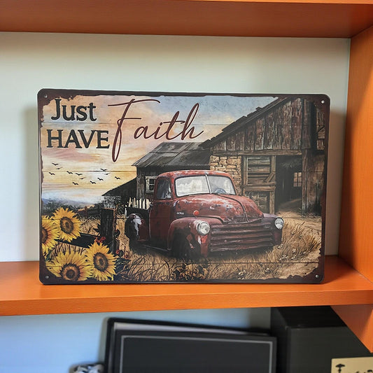 Rustic Farmhouse Metal Sign Sunflowers Red Truck Just Have Faith Wall Plaque