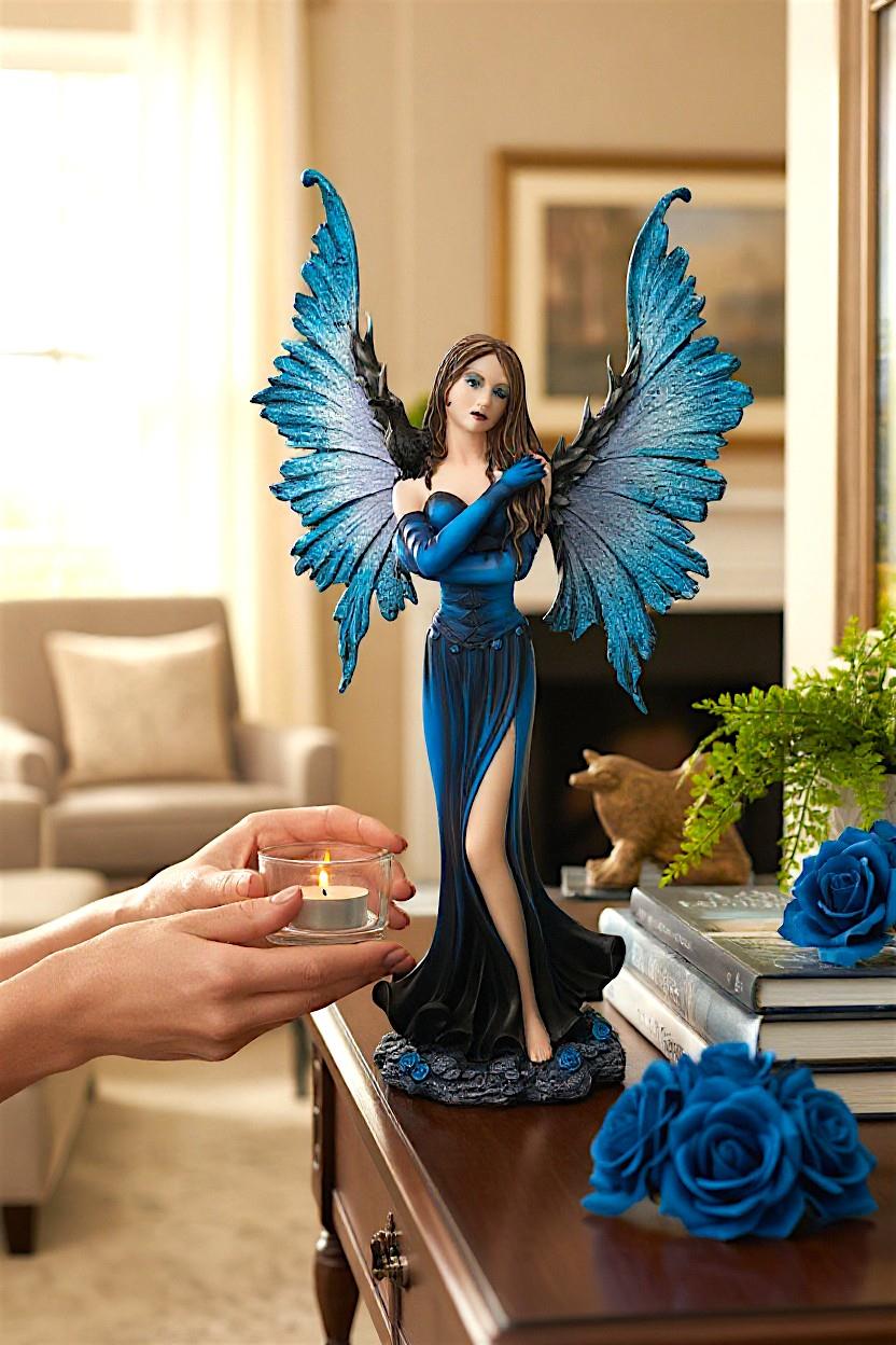 Midnight Fairy Figurine with Raven Gothic Fantasy Sculpture Elegant Ornament