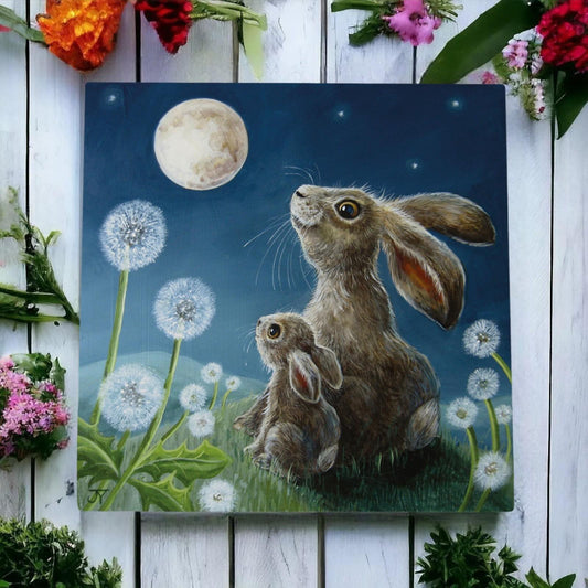 Judith Yates - Moonbathing Hare Ceramic Wall Art Tile 20x20cm - Whimsical Moonlight Scene - Home Décor Gift - Ready to Display with Hanging Hook