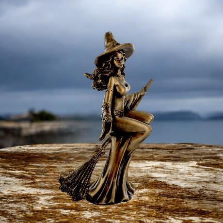 Enchanting Bronze Witch Figurine on Broomstick | Magical Resin Statue | Mystical Decor